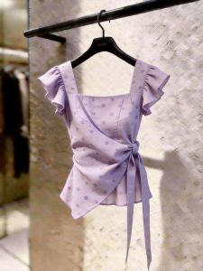 KUNAILIN | Design Purple Dots Puff Sleeves Waist-Cinched Tie Shirt Women