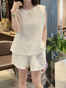 Shalldoer | Summer Lace Linen Sleeveless Top Women Casual Shorts High Fashion Two-Piece Set Round Neck Short Pants Comfortable Breathable