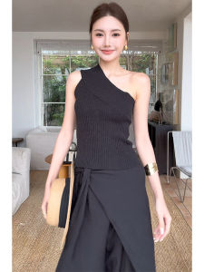 YUEZHONGWEI | French Style Off-Shoulder Ice Silk Knit Tank Top