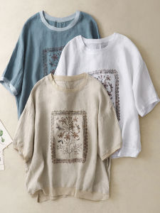 เสื้อยืดแขนสั้นผ้าฝ้ายลินินพิมพ์ลายย้อนยุคสำหรับผู้หญิง ทรงหลวม ทรงสลิมฟิต ลำลอง ใส่ได้หลากหลาย ฤดูร้อน 2025