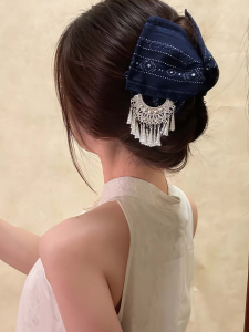 V.C.I | Ethnic Style Luxurious Bun Blue Stripe Tassel Triangle Clip