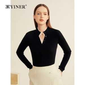 Albas Cashmere Loose French Style Contrast Color Semi-High V-Neck Sweater
