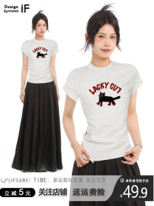 Áo Thun Cotton Tay Ngắn Ôm Vừa Vặn Mùa Hè Màu Xám in Họa Tiết Mỹ Dành Cho Nữ Áo Thun Ngắn Cạp Cao Áo Thun Thường Ngày