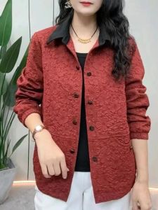 แจ็คเก็ตผ้าปักสั้นแฟชั่นสำหรับคุณแม่ ทรงหลวมสบายๆ สำหรับผู้หญิงวัยกลางคนและผู้สูงอายุ ฤดูใบไม้ร่วง 2024 เสื้อคาร์ดิแกนเปิดคอโปโล