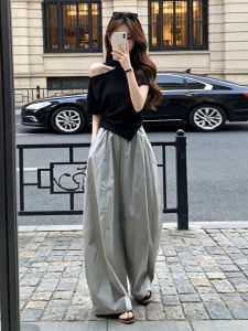 HUAYILING | Relaxed Off-Shoulder Hang-Neck Top and Wide Leg Pants Set