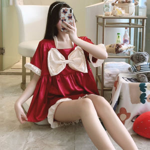 ผ้าไหมน้ําแข็งชุดนอนสําหรับสตรีแขนสั้นกางเกงขาสั้น 2 ชิ้นน่ารักเจ้าหญิงญี่ปุ่นสไตล์เซ็กซี่บางเสื้อผ้าชุด