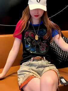Baby Elephant Rhinestone Hot Fixed Short Sleeve T-shirt Womens Summer New Design Sense Color Matching Sweet and Spicy Small Top Western Style Youthful-Looking Small Shirt Fashion
