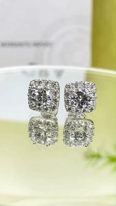 Khuyên tai nữ bạc xi bạch kim vuông bo chủ đính kim cương Moissanite Mỹ kiểm định GRA 5.5mm màu trắng Bông tai moissanite màu xanh Hoa tai bạc thật