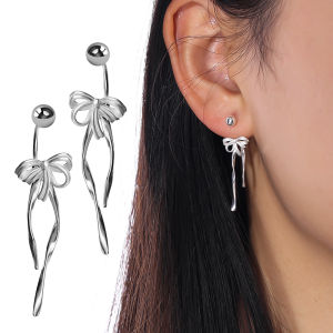Y2K Sweet Cute Ribbon Bow Earrings for Women New Trend Curved Detachable Hook Screw Buckle Earrings Wedding Jewelry Gift