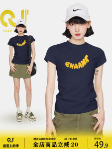 Navy Blue Banana Stamp Shoulder Short Sleeve T-Shirt Womens Summer Summer Stylish Girls Tight Slim-Fit Crop-Top