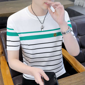 Casual Ice Silk Short Sleeve T-shirt for Men Summer Fashion Slim Fit Hip Hop Half Sleeve Striped Casual Shirt