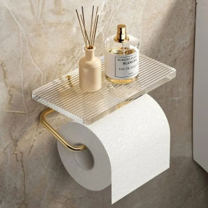 Luxury Gold Toilet Paper Holder with Shelf No Punching Acrylic Roll Paper Holder Tissue Hanger Bathroom Accessories Bathroom