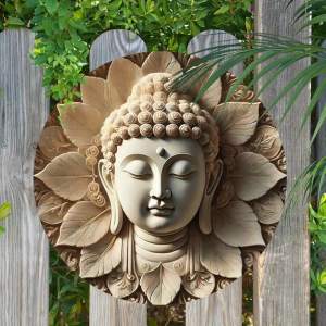 1Pc 7.8inch X 7.8inch Round Wooden Printed Plaque with Buddha Head (Can Be Hung with String) - Indoor/Outdoor Decoration for Home Bar Garage Cafe Garden |   Perfect Buddhist Housewarming Gift Room Decoration Home Decor Room Decor Wall Decor.