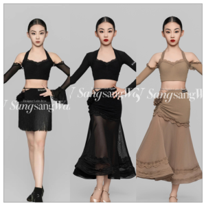 SSwang Dancewear Childrens Latin Modern Three-piece Set Detachable Bell Sleeve Practice Outfit Girls Large Swing Movement