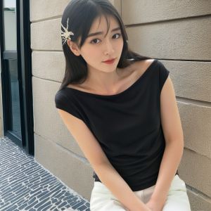 เสื้อยืดคอกลมแขนสั้นผ้าฝ้ายสำหรับผู้หญิงในช่วงฤดูร้อน สีดำ โชว์ไหล่ กระดูกไหปลาร้า เสื้อคลุมกันหนาวแบบสั้น เสื้อผ้าทำงานสไตล์เกาหลี