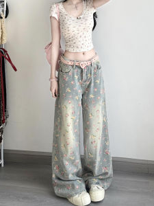 Quần Jeans Denim Nữ Ống Rộng Cạp Cao in Hoa Phong Cách Retro Mỹ Quần Ống Rộng Thẳng Ôm Dáng Mùa Hè Thiết Kế Cảm Giác