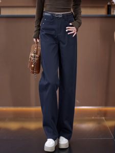 Fashionable Wide Leg Denim Jeans Womens Casual Pants Autumn Loose Fit High Waist Zipper Closure Solid Color Blue Casual Jeans