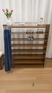SKPLUS Bamboo Shoe Cabinet Woth Curtain Multilayer Shoe Cabinet Indoor Shoe Cabinet Large Capacity Shoe Rack Wooden Shoe Rak Kabinet Kasut Shoe Shelves Furniture - Fulfilled by SKPLUS