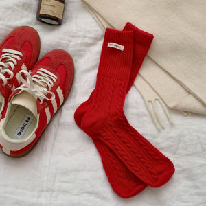 New Year Christmas Red! Red Socks Womens Mid Tube Stockings Autumn and Winter Cloth Label Big Polka Dot Cable Stitch Bunching Socks Thick Long Socks