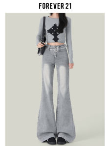 Forever 21 High Waist Bell Bottom Jeans Womens Slim Fit Light Grey Vintage Style Pocket Detail Zipper Closure Ladies Jeans