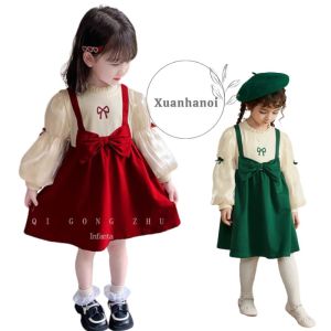 Váy bé gái nhung dây yếm nơ ngực 2 mầu Xanh đỏ XHN1069