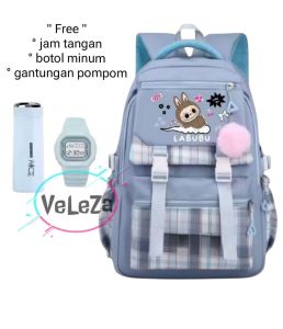 Tas Ransel Anak Perempuan LABUBU Viral Tas Ransel Sekolah Free Botol Minum Jam Tangan Gantungan Pompom Tas Ransel