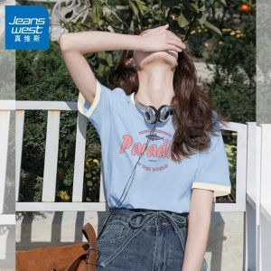 Jeanswest Color Block Pure Cotton Short Sleeve T-Shirt Womens Loose Fit Summer Top Street Style Printed Casual round Neck