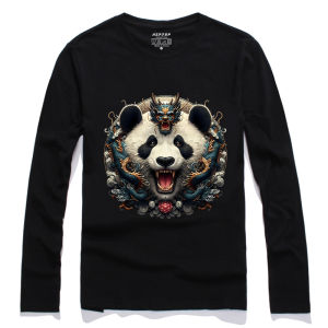 New Retro Panda Pattern Cotton T-Shirt Long Sleeve Casual Style Bottoming Shirt Chinese Trendy Fashion Brand AIFJEP Mens Tee