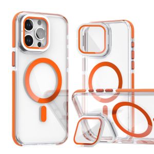 KISSCASE Bicolor Clear With Glass Lens Bracket Stand Phone Case For Samsung S24 S23 S22 Ultra Plus Magsafe Wireless Charging Transparent PC+TPU Anti-fall Shockproof Back Cover Samsung S24 S23