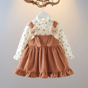 Sonkpuel | ‌Girls Spring Autumn Long Sleeve Pinafore Dress with Cute Cherry Bear Print Casual Outfit‌