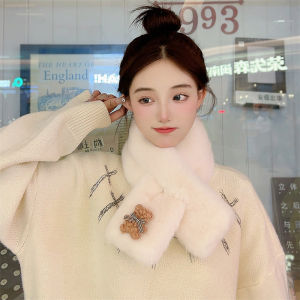 ผ้าพันคอขนสัตว์แบบหนาสำหรับผู้หญิงในฤดูหนาว ผ้าพันคอแบบผูกข้างรูปหมีน่ารัก ผ้าขนสัตว์เทียม อบอุ่น ปกคอกันลม ผ้าพันคอแบบผูกข้าง
