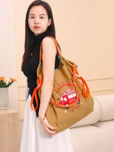 Large Capacity Shopping Bag Ballchain Nylon Canvas Womens Handbag Crossbody Eco-friendly Bag Soft Handle Embroidered Korean Style