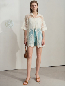 AMII | Summer Loose Mid-length Dress Cotton Lace Embroidery Organza Hand-sewn Bead Decoration