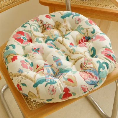 Thickened Cotton Linen round Chair Pads 40 Large Size Student Tatami Floor Soft Pads Home Use Chair Cushions Plant Floral Pattern