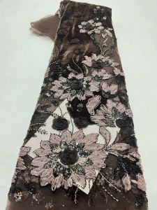 Popular Design Fashion African Hand Made 3D Beaded Net Lace Sequins French Fabric Mesh Lace Evening Party Dress Sewing AT2885