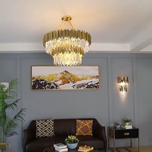 Lampu Gantung LED Modern Mewah Emas Interior Langit-langit Pencahayaan Ruang Makan Ruang Tamu Kamar Tidur Lampu Gantung Kristal K9 Tricolor