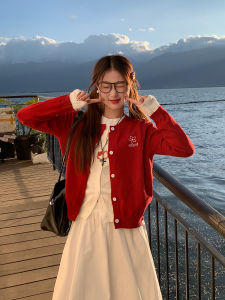 Red Knitted Sweater Womens 2025 New Style Open Cardigan Coat Early Autumn Fashion Thin Fake Two-Piece Long Sleeve round Neck
