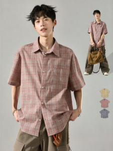SZON | American Retro Pink Check Shirt Short Sleeve
