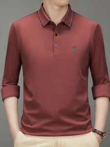 เสื้อยืดแขนยาวผู้ชาย สีแดง ทรงโปโล ชุดแต่งงาน ชุดกันหนาว แฟชั่นฤดูใบไม้ร่วง โพลีเอสเตอร์ ยืดหยุ่นได้ดี ปกติ