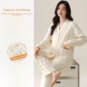 Miiow | Maternity Sleepwear With Chest Pad Convenience For Pregnant And Nursing Women Comfortable Cotton Long Sleeve V-Neck Open Cardigan