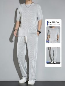 ROMON | Lomond Mens Casual Sports Set Summer Thin Ice Silk Running No Matching Long Pants Two-Piece Set Short Sleeve T-Shirt