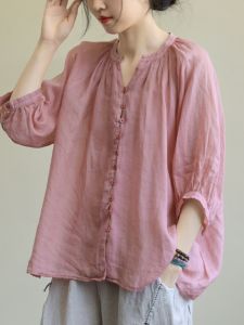 เสื้อเชิ้ตแขนสั้นผ้าลินินหลวมๆ สไตล์ลำลองสำหรับผู้หญิง ฤดูร้อน 2025 เสื้อเชิ้ตผ้าลินินสีพื้นสำหรับผู้หญิง ทรงหลวม แขนสั้น 5 นิ้ว
