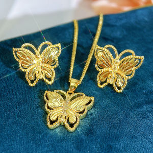 SEQUITO Precious Bridesmaid Clothes Accessories Golden Jewelry Fashion Butterfly Shape Pendant Necklace Stud Earrings Set SJ409