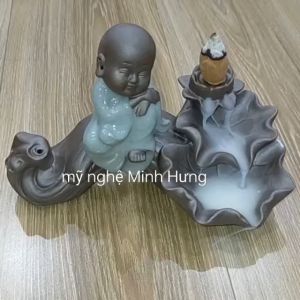 Thác khói xông trầm tiểu cảnh lá sen bằng gốm sứ tráng men cao cấp