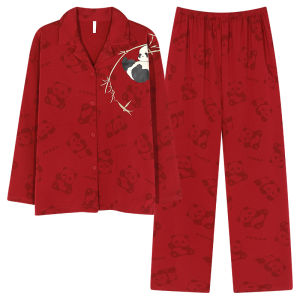 MiiOW | ชุดนอนคู่รักผ้าฝ้ายแท้สีแดงสำหรับงานแต่งงานใหม่ ชุดนอนฤดูใบไม้ผลิและฤดูใบไม้ร่วงสำหรับทั้งชายและหญิง ชุดนอนฤดูร้อน