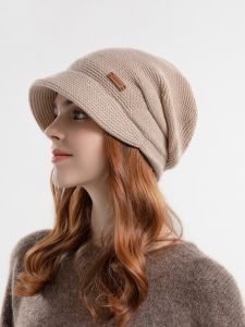 Fashionable Knitted Fleece Lined Winter Hat Womens Warm Ear Protection All Match Autumn Winter round Top Wide Brim Knit Cap