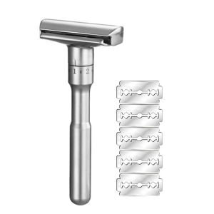 Full Zinc Alloy Metal Safety Razor For Men Adjustable Close Shaving Classic Double Edge Razor With 5 Blades