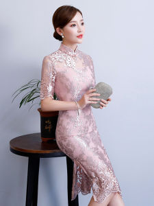 Handmade Lace Cheongsam Elegant Red Midi Dress for Wedding Banquet High Slit Composite Fabric Chinese Style Womens Special Costume