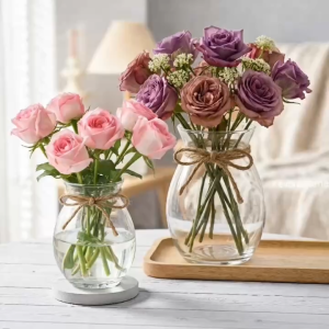 Combo 2 Bình Hoa Thủy Tinh Bầu Dục Lớn Nhỏ Kèm Dây Bố Decor
