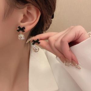 Trendy Black Butterfly Knot Water Diamond Earrings for Women 2024 New Style Luxury Sensation Fashionable Jewelry Hoops